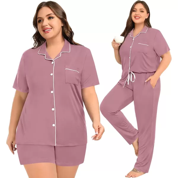 imageSWOMOG Womens Plus Size Pajama Set Short Sleeve Sleepwear Top and Pants Button Up Pajamas for Women LoungewearZlilac Purple