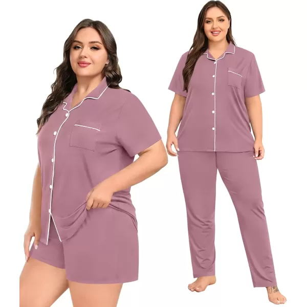 imageSWOMOG Womens Plus Size Pajama Set Short Sleeve Sleepwear Top and Pants Button Up Pajamas for Women LoungewearZlilac Purple