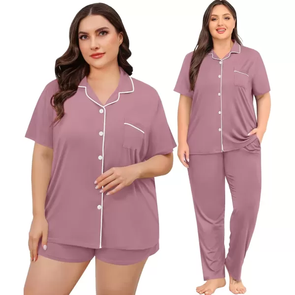 imageSWOMOG Womens Plus Size Pajama Set Short Sleeve Sleepwear Top and Pants Button Up Pajamas for Women LoungewearZlilac Purple