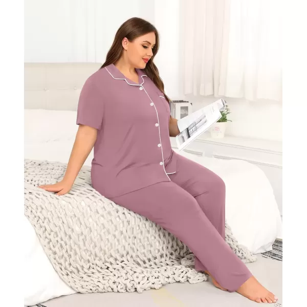 imageSWOMOG Womens Plus Size Pajama Set Short Sleeve Sleepwear Top and Pants Button Up Pajamas for Women LoungewearZlilac Purple