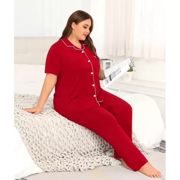 imageSWOMOG Womens Plus Size Pajama Set Short Sleeve Sleepwear Top and Pants Button Up Pajamas for Women LoungewearZred Color