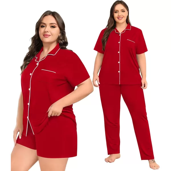 imageSWOMOG Womens Plus Size Pajama Set Short Sleeve Sleepwear Top and Pants Button Up Pajamas for Women LoungewearZred Color