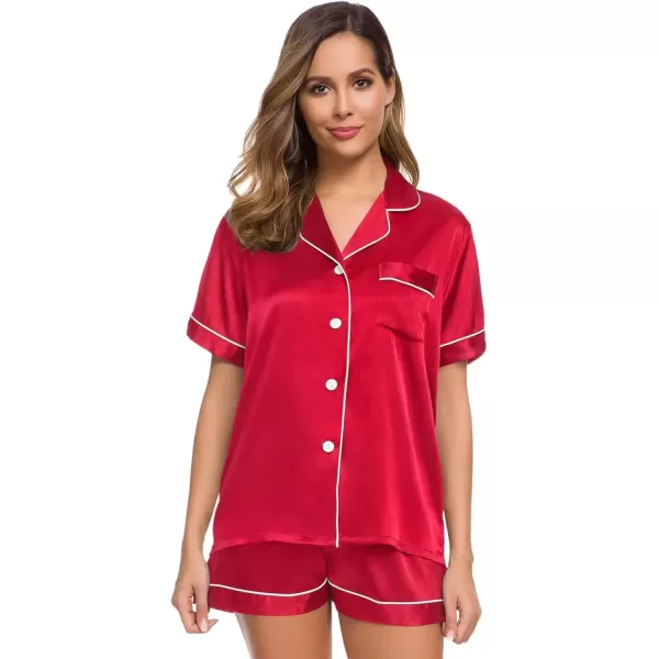 imageSWOMOG Womens Silk Satin Pajamas Set Short Sleeve Sleepwear Button Down Top and Shorts Loungewear 2 Piece Pjs Set XS3XLApple Red