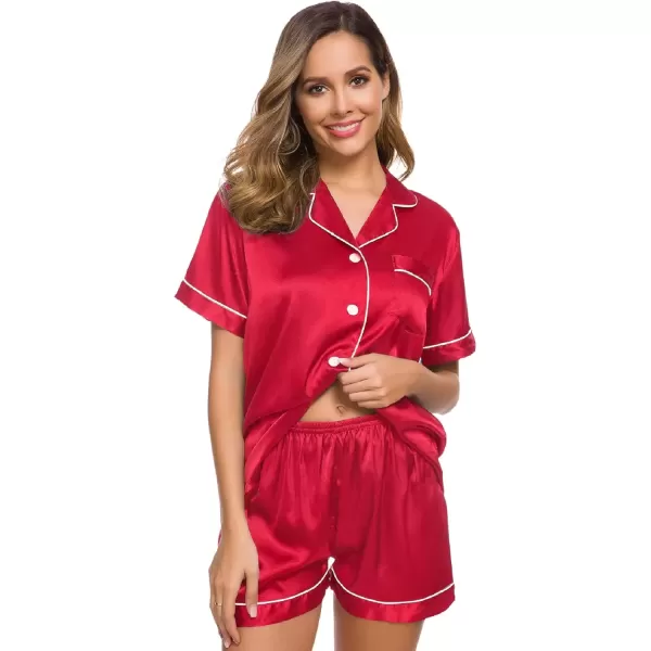 imageSWOMOG Womens Silk Satin Pajamas Set Short Sleeve Sleepwear Button Down Top and Shorts Loungewear 2 Piece Pjs Set XS3XLApple Red