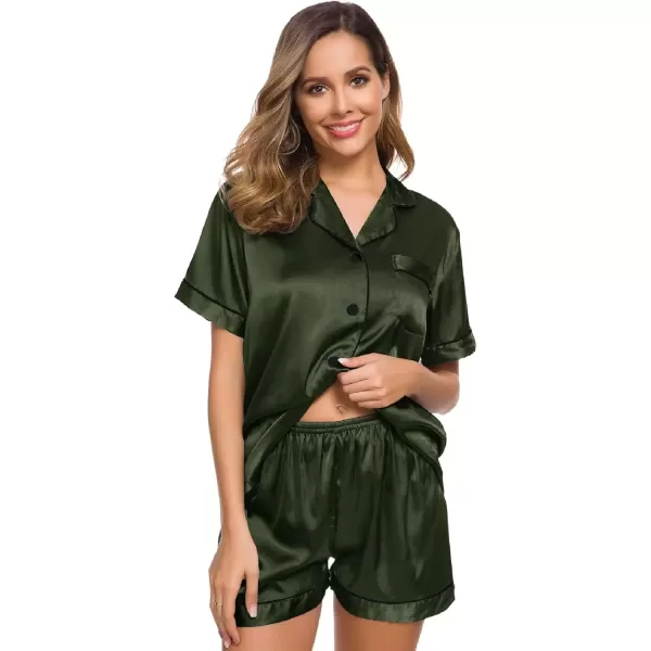 imageSWOMOG Womens Silk Satin Pajamas Set Short Sleeve Sleepwear Button Down Top and Shorts Loungewear 2 Piece Pjs Set XS3XLArmy Green