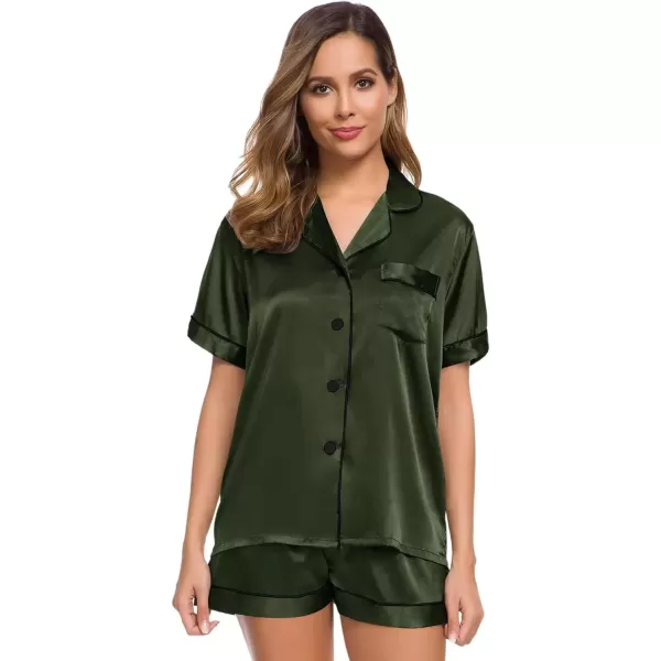 imageSWOMOG Womens Silk Satin Pajamas Set Short Sleeve Sleepwear Button Down Top and Shorts Loungewear 2 Piece Pjs Set XS3XLArmy Green