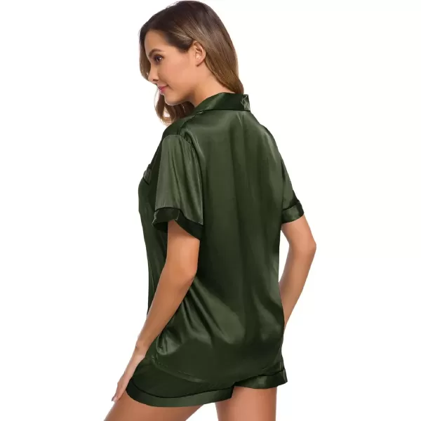 imageSWOMOG Womens Silk Satin Pajamas Set Short Sleeve Sleepwear Button Down Top and Shorts Loungewear 2 Piece Pjs Set XS3XLArmy Green