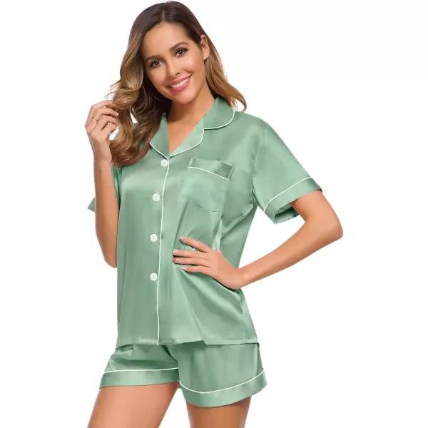 imageSWOMOG Womens Silk Satin Pajamas Set Short Sleeve Sleepwear Button Down Top and Shorts Loungewear 2 Piece Pjs Set XS3XLAvocado Green