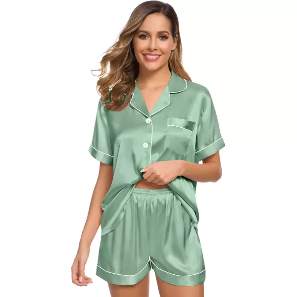 imageSWOMOG Womens Silk Satin Pajamas Set Short Sleeve Sleepwear Button Down Top and Shorts Loungewear 2 Piece Pjs Set XS3XLAvocado Green