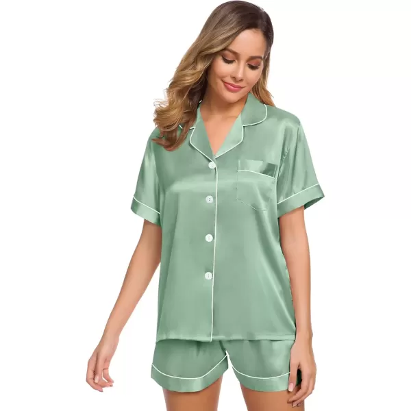 imageSWOMOG Womens Silk Satin Pajamas Set Short Sleeve Sleepwear Button Down Top and Shorts Loungewear 2 Piece Pjs Set XS3XLAvocado Green