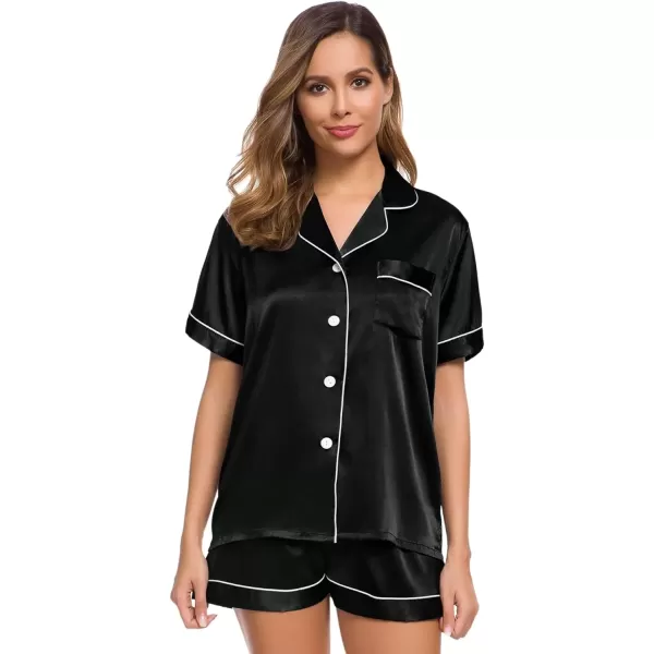 imageSWOMOG Womens Silk Satin Pajamas Set Short Sleeve Sleepwear Button Down Top and Shorts Loungewear 2 Piece Pjs Set XS3XLBlack