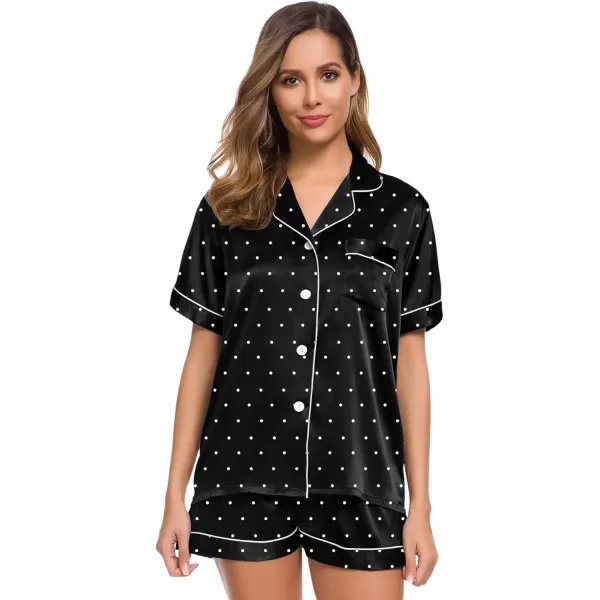 imageSWOMOG Womens Silk Satin Pajamas Set Short Sleeve Sleepwear Button Down Top and Shorts Loungewear 2 Piece Pjs Set XS3XLBlack Dots