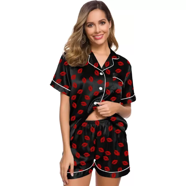 imageSWOMOG Womens Silk Satin Pajamas Set Short Sleeve Sleepwear Button Down Top and Shorts Loungewear 2 Piece Pjs Set XS3XLBlack Kiss