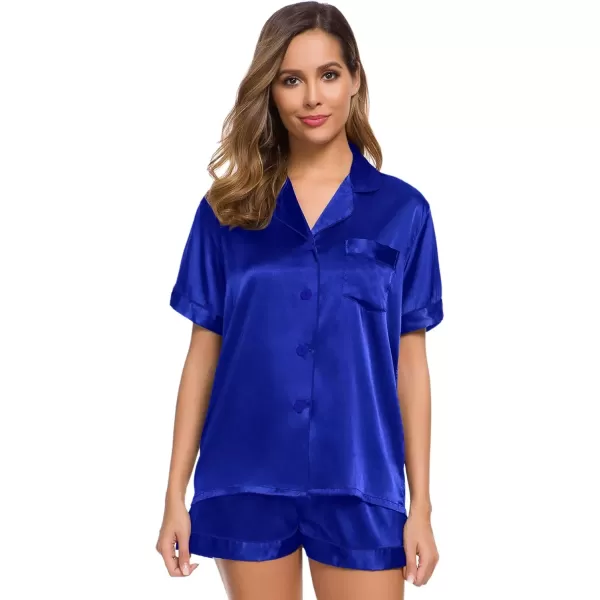 imageSWOMOG Womens Silk Satin Pajamas Set Short Sleeve Sleepwear Button Down Top and Shorts Loungewear 2 Piece Pjs Set XS3XLBlue Solid