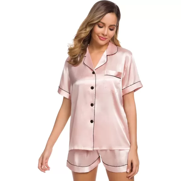 imageSWOMOG Womens Silk Satin Pajamas Set Short Sleeve Sleepwear Button Down Top and Shorts Loungewear 2 Piece Pjs Set XS3XLBlush Pink