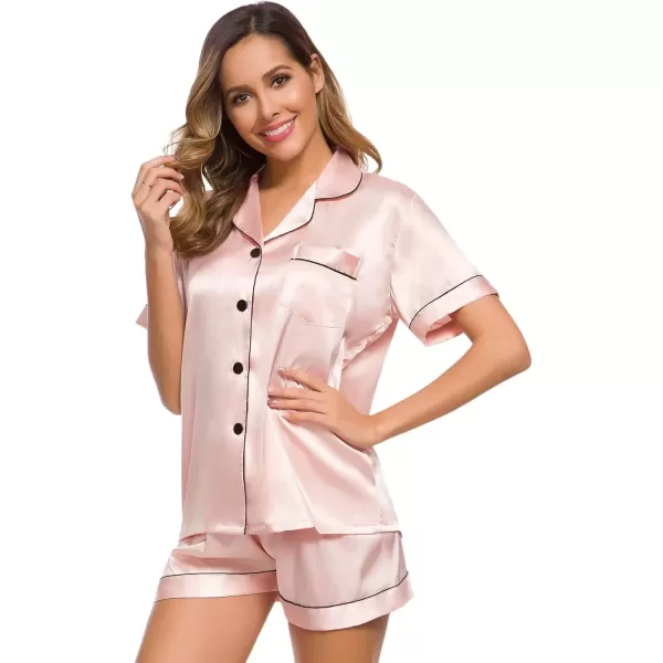 imageSWOMOG Womens Silk Satin Pajamas Set Short Sleeve Sleepwear Button Down Top and Shorts Loungewear 2 Piece Pjs Set XS3XLBlush Pink