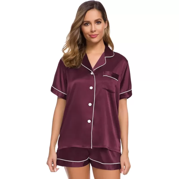 imageSWOMOG Womens Silk Satin Pajamas Set Short Sleeve Sleepwear Button Down Top and Shorts Loungewear 2 Piece Pjs Set XS3XLBordeaux Red