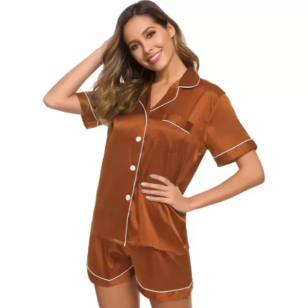 imageSWOMOG Womens Silk Satin Pajamas Set Short Sleeve Sleepwear Button Down Top and Shorts Loungewear 2 Piece Pjs Set XS3XLBurnt Orange