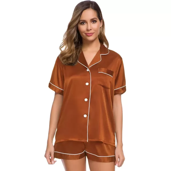 imageSWOMOG Womens Silk Satin Pajamas Set Short Sleeve Sleepwear Button Down Top and Shorts Loungewear 2 Piece Pjs Set XS3XLBurnt Orange