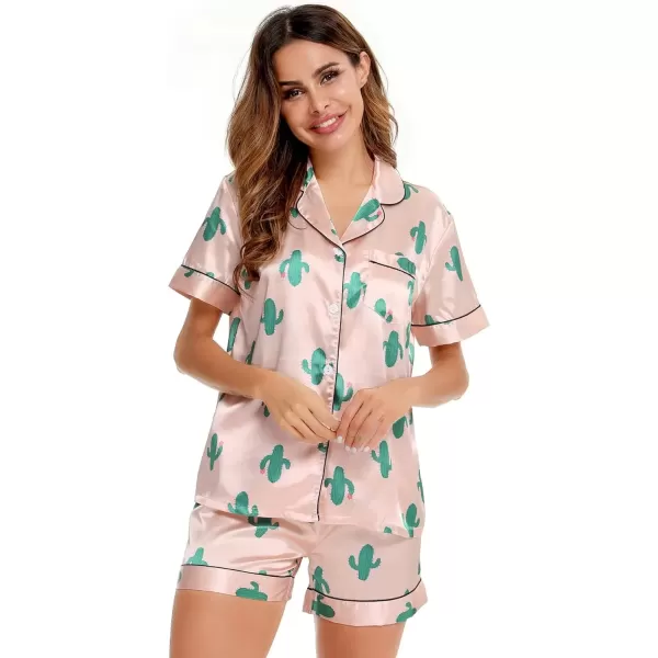 imageSWOMOG Womens Silk Satin Pajamas Set Short Sleeve Sleepwear Button Down Top and Shorts Loungewear 2 Piece Pjs Set XS3XLCactus Pink