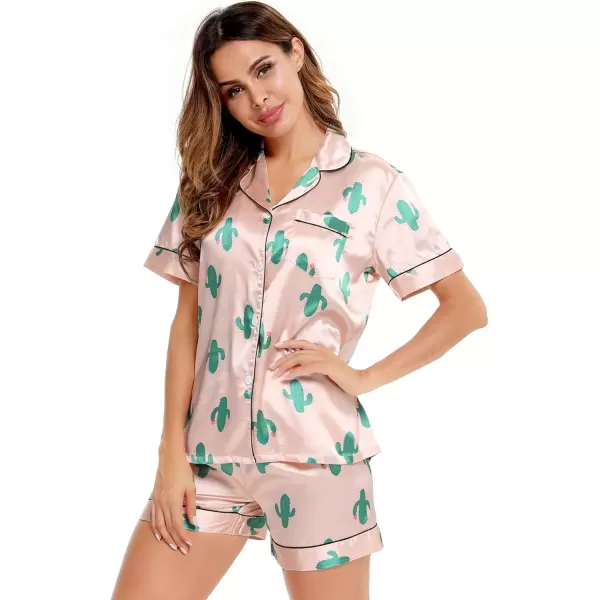 imageSWOMOG Womens Silk Satin Pajamas Set Short Sleeve Sleepwear Button Down Top and Shorts Loungewear 2 Piece Pjs Set XS3XLCactus Pink