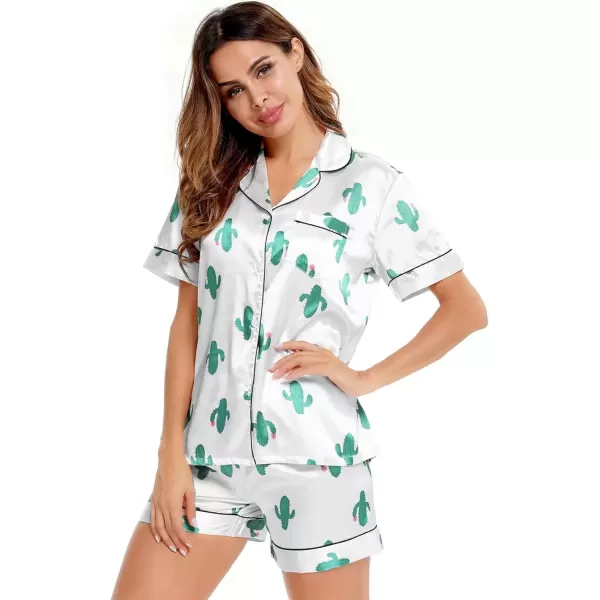 imageSWOMOG Womens Silk Satin Pajamas Set Short Sleeve Sleepwear Button Down Top and Shorts Loungewear 2 Piece Pjs Set XS3XLCactus White