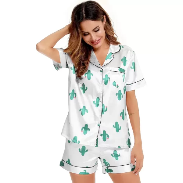 imageSWOMOG Womens Silk Satin Pajamas Set Short Sleeve Sleepwear Button Down Top and Shorts Loungewear 2 Piece Pjs Set XS3XLCactus White