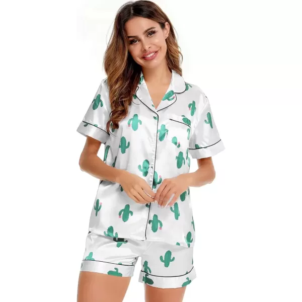 imageSWOMOG Womens Silk Satin Pajamas Set Short Sleeve Sleepwear Button Down Top and Shorts Loungewear 2 Piece Pjs Set XS3XLCactus White