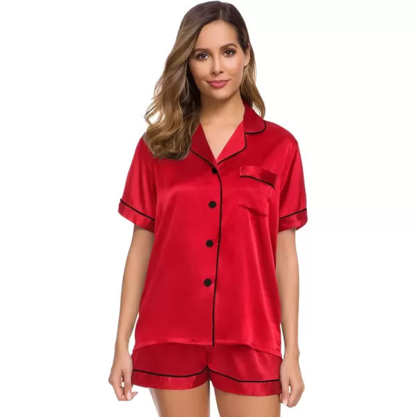 imageSWOMOG Womens Silk Satin Pajamas Set Short Sleeve Sleepwear Button Down Top and Shorts Loungewear 2 Piece Pjs Set XS3XLCandy Red