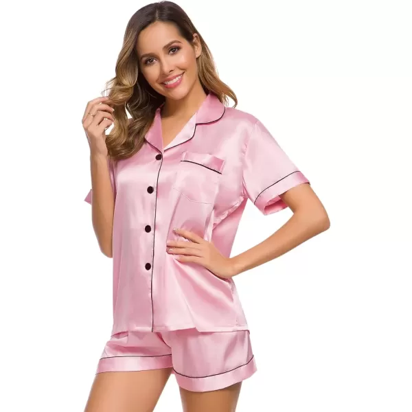 imageSWOMOG Womens Silk Satin Pajamas Set Short Sleeve Sleepwear Button Down Top and Shorts Loungewear 2 Piece Pjs Set XS3XLCarnation Pink