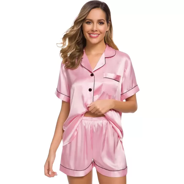 imageSWOMOG Womens Silk Satin Pajamas Set Short Sleeve Sleepwear Button Down Top and Shorts Loungewear 2 Piece Pjs Set XS3XLCarnation Pink