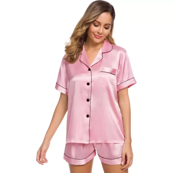 imageSWOMOG Womens Silk Satin Pajamas Set Short Sleeve Sleepwear Button Down Top and Shorts Loungewear 2 Piece Pjs Set XS3XLCarnation Pink