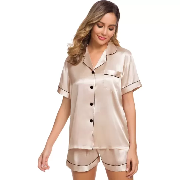 imageSWOMOG Womens Silk Satin Pajamas Set Short Sleeve Sleepwear Button Down Top and Shorts Loungewear 2 Piece Pjs Set XS3XLChampagne