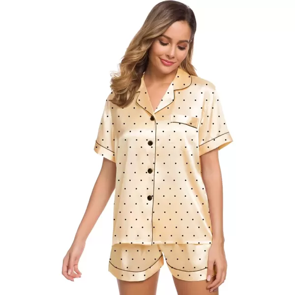 imageSWOMOG Womens Silk Satin Pajamas Set Short Sleeve Sleepwear Button Down Top and Shorts Loungewear 2 Piece Pjs Set XS3XLChampagne Dots