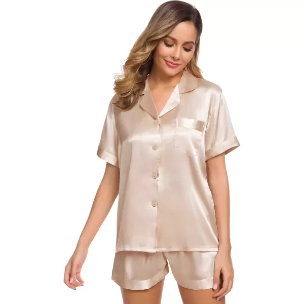 imageSWOMOG Womens Silk Satin Pajamas Set Short Sleeve Sleepwear Button Down Top and Shorts Loungewear 2 Piece Pjs Set XS3XLChampagne Solid