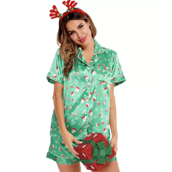 imageSWOMOG Womens Silk Satin Pajamas Set Short Sleeve Sleepwear Button Down Top and Shorts Loungewear 2 Piece Pjs Set XS3XLChristmas Gift Green