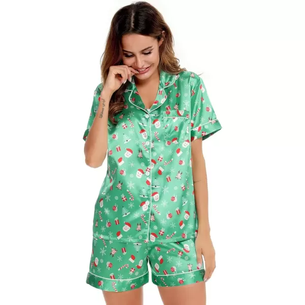 imageSWOMOG Womens Silk Satin Pajamas Set Short Sleeve Sleepwear Button Down Top and Shorts Loungewear 2 Piece Pjs Set XS3XLChristmas Gift Green