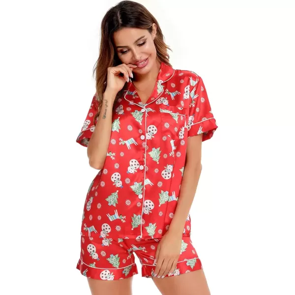 imageSWOMOG Womens Silk Satin Pajamas Set Short Sleeve Sleepwear Button Down Top and Shorts Loungewear 2 Piece Pjs Set XS3XLChristmas Gift Red