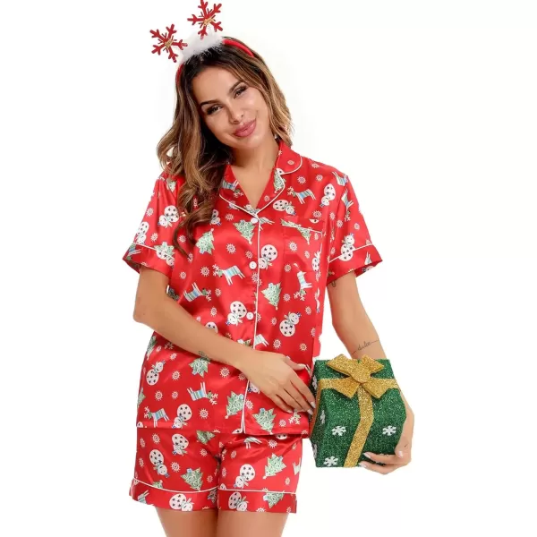 imageSWOMOG Womens Silk Satin Pajamas Set Short Sleeve Sleepwear Button Down Top and Shorts Loungewear 2 Piece Pjs Set XS3XLChristmas Gift Red