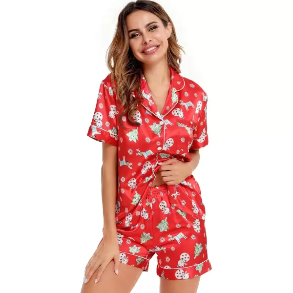 imageSWOMOG Womens Silk Satin Pajamas Set Short Sleeve Sleepwear Button Down Top and Shorts Loungewear 2 Piece Pjs Set XS3XLChristmas Gift Red