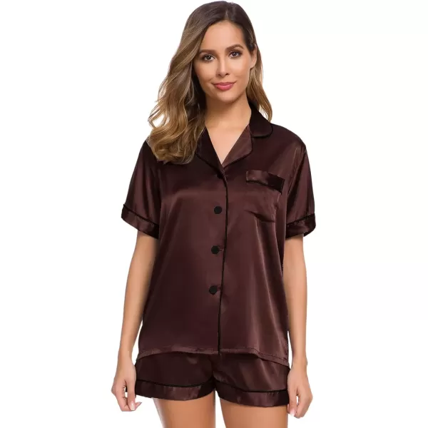 imageSWOMOG Womens Silk Satin Pajamas Set Short Sleeve Sleepwear Button Down Top and Shorts Loungewear 2 Piece Pjs Set XS3XLCoffee