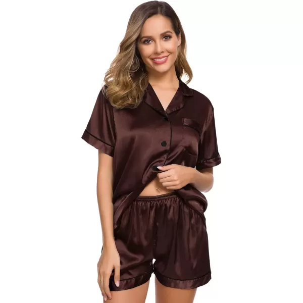 imageSWOMOG Womens Silk Satin Pajamas Set Short Sleeve Sleepwear Button Down Top and Shorts Loungewear 2 Piece Pjs Set XS3XLCoffee