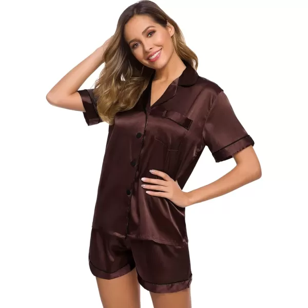 imageSWOMOG Womens Silk Satin Pajamas Set Short Sleeve Sleepwear Button Down Top and Shorts Loungewear 2 Piece Pjs Set XS3XLCoffee