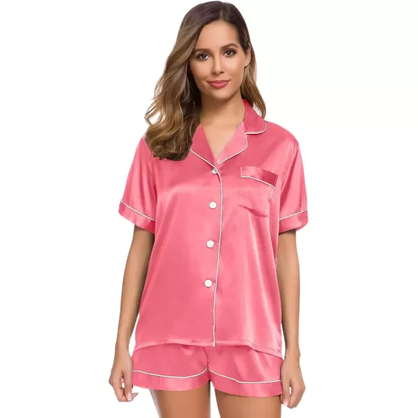 imageSWOMOG Womens Silk Satin Pajamas Set Short Sleeve Sleepwear Button Down Top and Shorts Loungewear 2 Piece Pjs Set XS3XLCoral Red