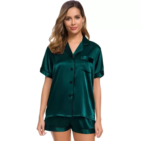 imageSWOMOG Womens Silk Satin Pajamas Set Short Sleeve Sleepwear Button Down Top and Shorts Loungewear 2 Piece Pjs Set XS3XLDark Green With Black Piping