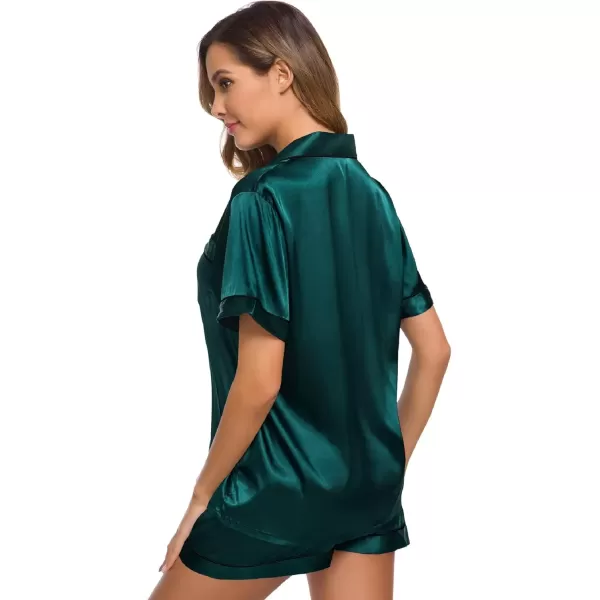 imageSWOMOG Womens Silk Satin Pajamas Set Short Sleeve Sleepwear Button Down Top and Shorts Loungewear 2 Piece Pjs Set XS3XLDark Green With Black Piping