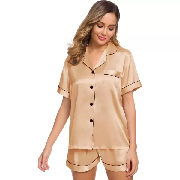 imageSWOMOG Womens Silk Satin Pajamas Set Short Sleeve Sleepwear Button Down Top and Shorts Loungewear 2 Piece Pjs Set XS3XLDeep Champagne