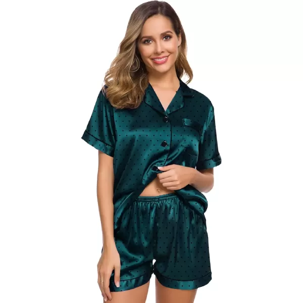 imageSWOMOG Womens Silk Satin Pajamas Set Short Sleeve Sleepwear Button Down Top and Shorts Loungewear 2 Piece Pjs Set XS3XLDeep Green Dots