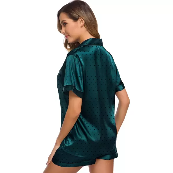 imageSWOMOG Womens Silk Satin Pajamas Set Short Sleeve Sleepwear Button Down Top and Shorts Loungewear 2 Piece Pjs Set XS3XLDeep Green Dots