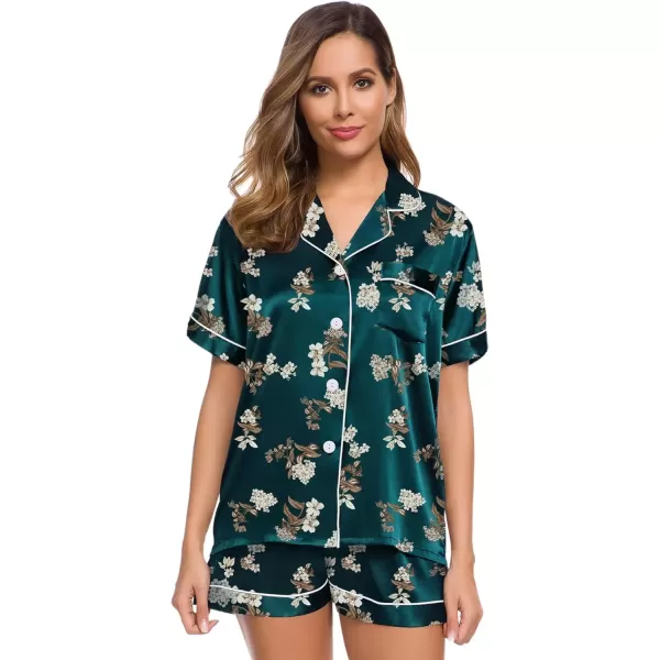 imageSWOMOG Womens Silk Satin Pajamas Set Short Sleeve Sleepwear Button Down Top and Shorts Loungewear 2 Piece Pjs Set XS3XLDeep Green Floral